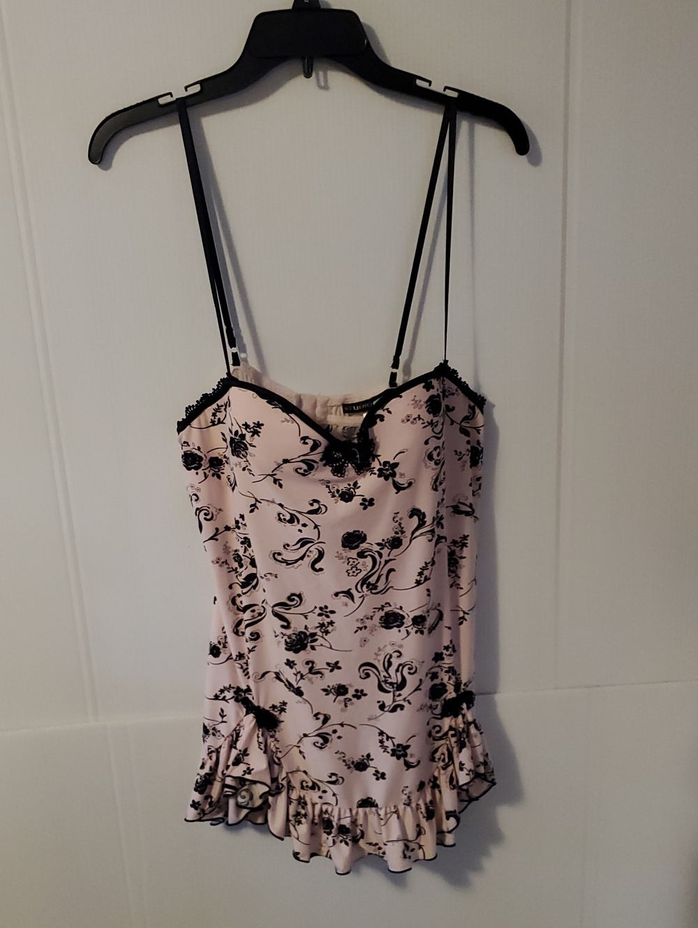 Y2K Studio Donatella Pink Floral Chemise with Black Lace Trim Women's Size L